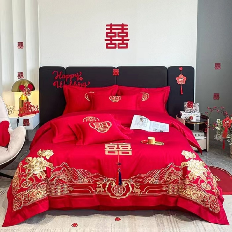 北极鹿亲肤绵磨毛婚庆四件套双面设计时尚红色刺绣床上用品L-23098-2